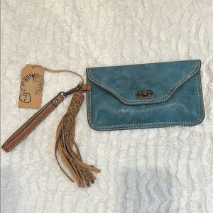 Catchfly Studio Bohemian Blue Brown vegan Leather Clutch Wristlet leopard tassel